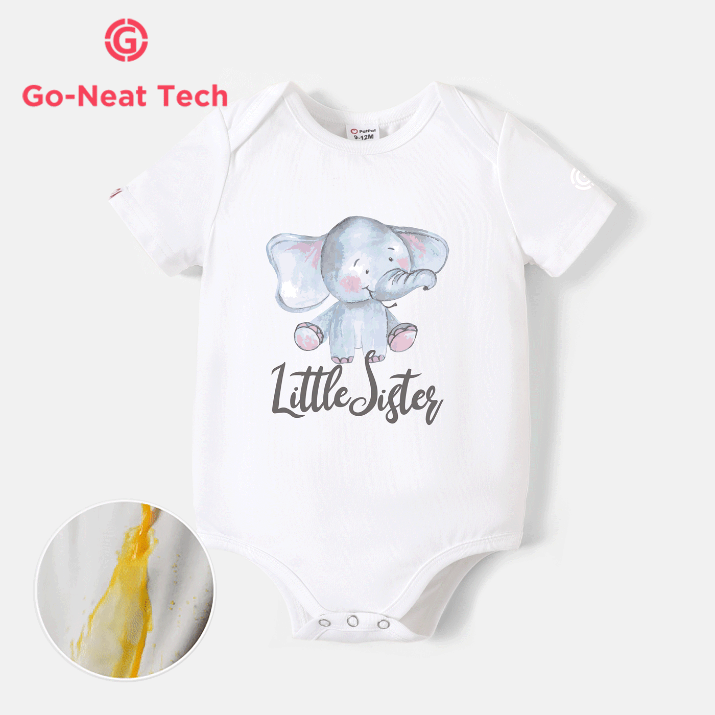 [0M-24M] Go-Neat Water Repellent and Stain Resistant Baby Girl Elephant & Letter Print Short-sleeve Romper White