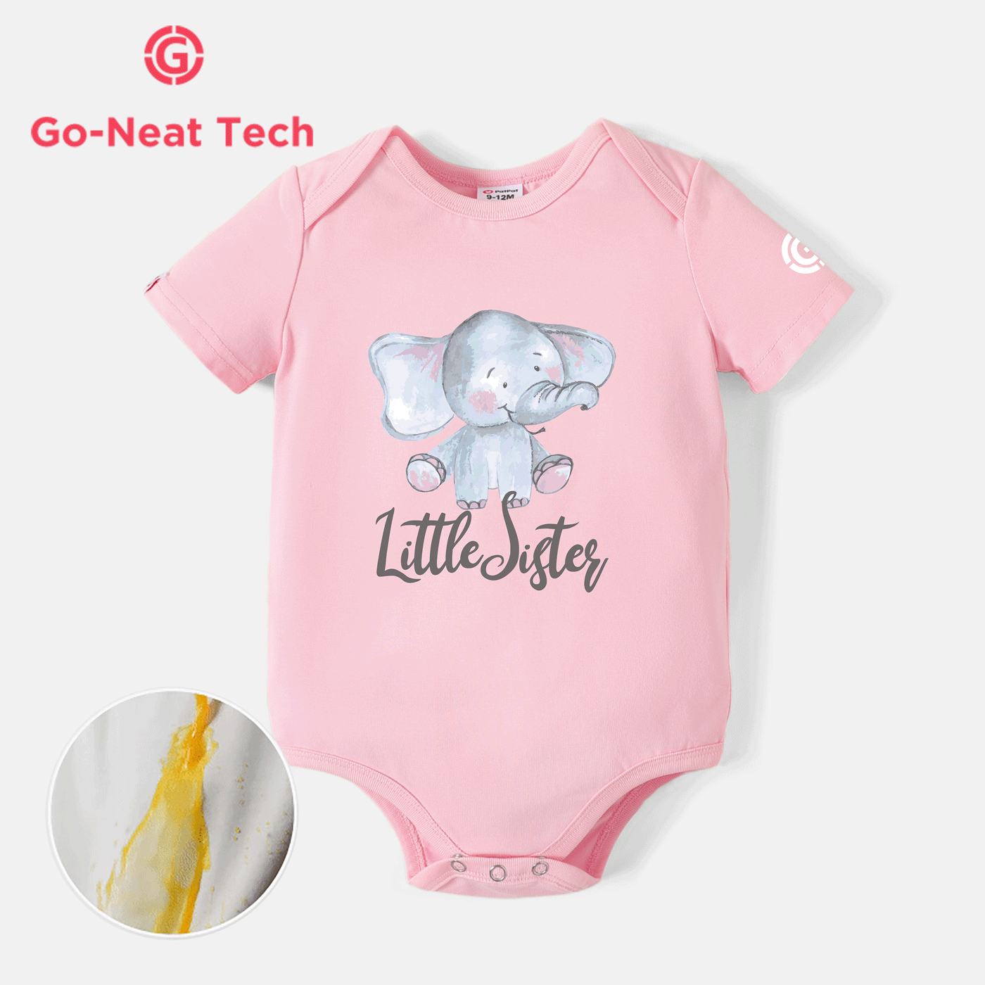 [0M-24M] Go-Neat Water Repellent and Stain Resistant Baby Girl Elephant & Letter Print Short-sleeve Romper