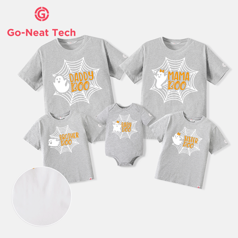Go-Neat Water Repellent and Stain Resistant Halloween Family Matching Spiderweb Ghost & Letter Print Short-sleeve Tee Grey