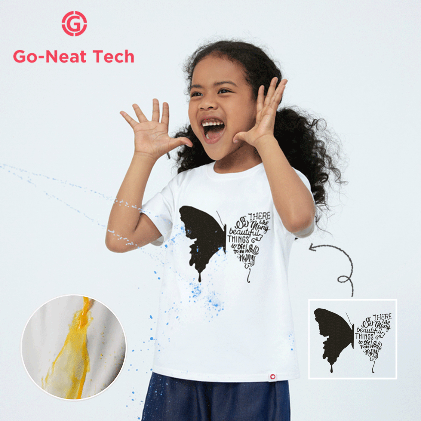 [4Y-14Y] Go-Neat Water Repellent and Stain Resistant Kid Girl Animal Butterfly Print Short-sleeve Tee White
