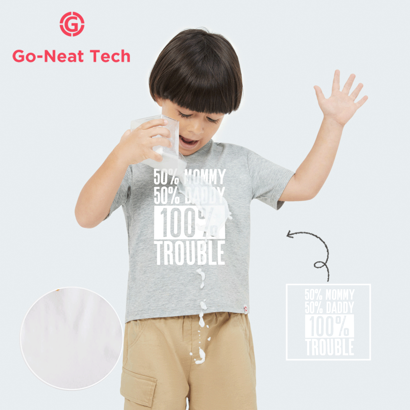 [2y-6y] go-neat wasserabweisendes und schmutzabweisendes graues Kurzarm-T-Shirt für Mädchen/Jungen mit Buchstabenaufdruck für Kleinkinder