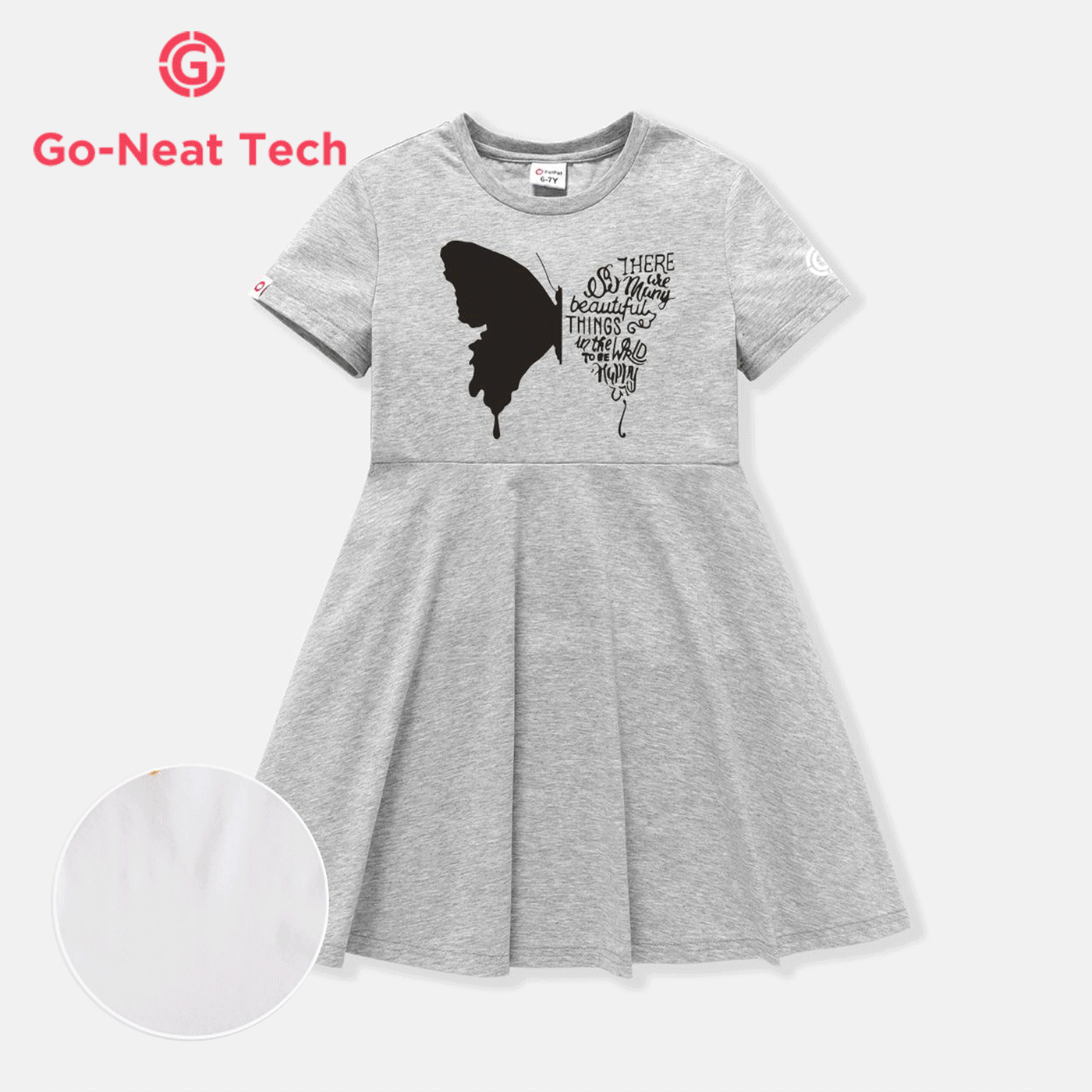 [4Y-14Y] Go-Neat Water Repellent and Stain Resistant Kid Girl Animal Butterfly Print Short-sleeve Grey Dress Grey