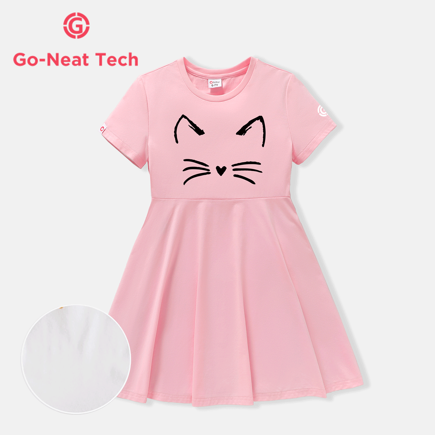 [4Y-14Y] Go-Neat Water Repellent and Stain Resistant Kid Girl Animal Cat Print Short-sleeve Pink Dress Light Pink