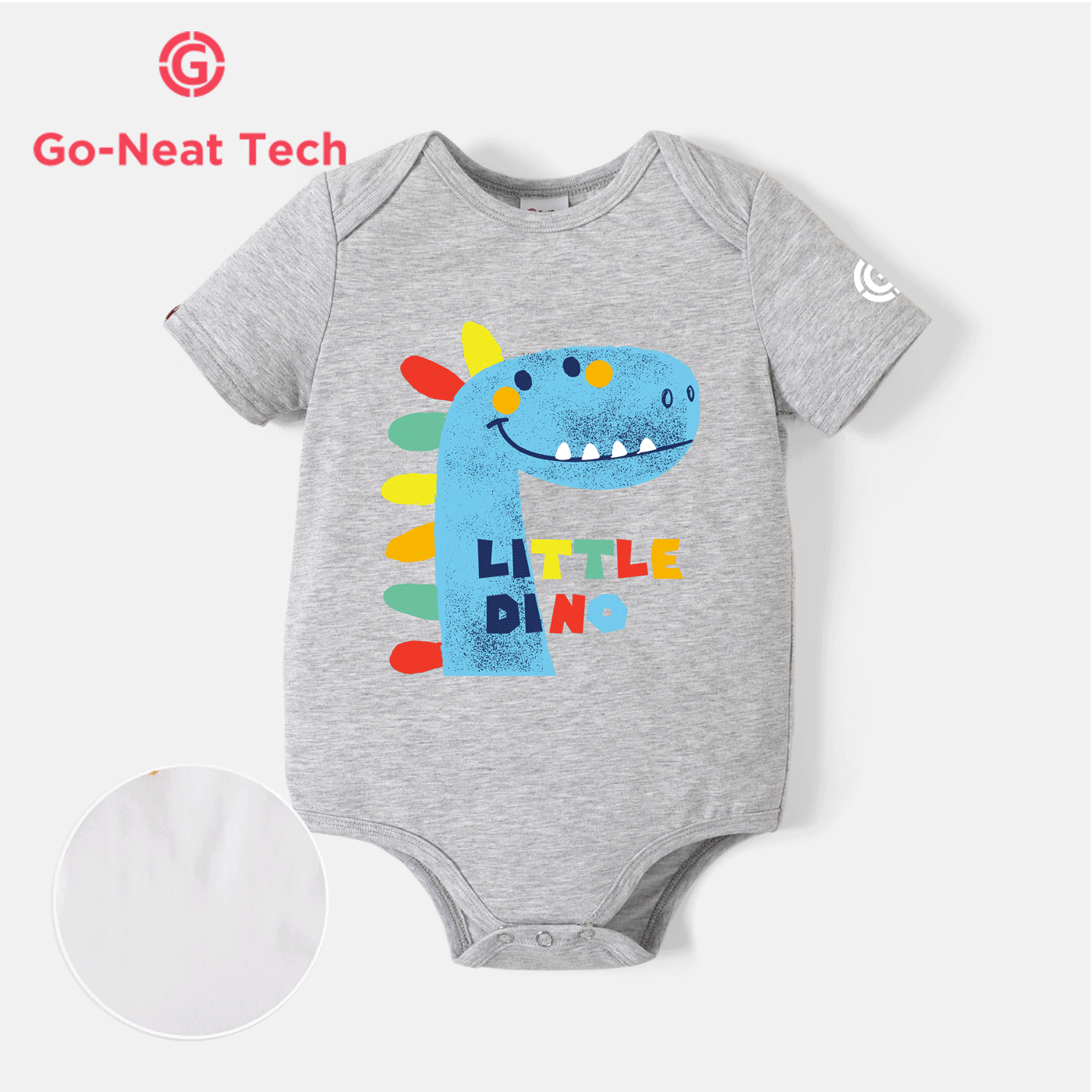 [0M-24M] Go-Neat Water Repellent and Stain Resistant Baby Boy/Girl Colorful Dinosaur & Letter Print Short-sleeve Romper Grey