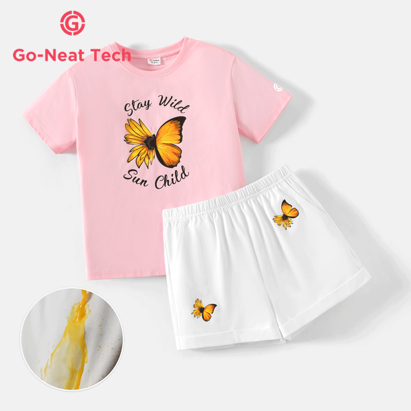 [4Y-14Y] Go-Neat Water Repellent and Stain Resistant 2pcs Kid Girl Breathable Butterfly Print Tee and Shorts Set PinkyWhite
