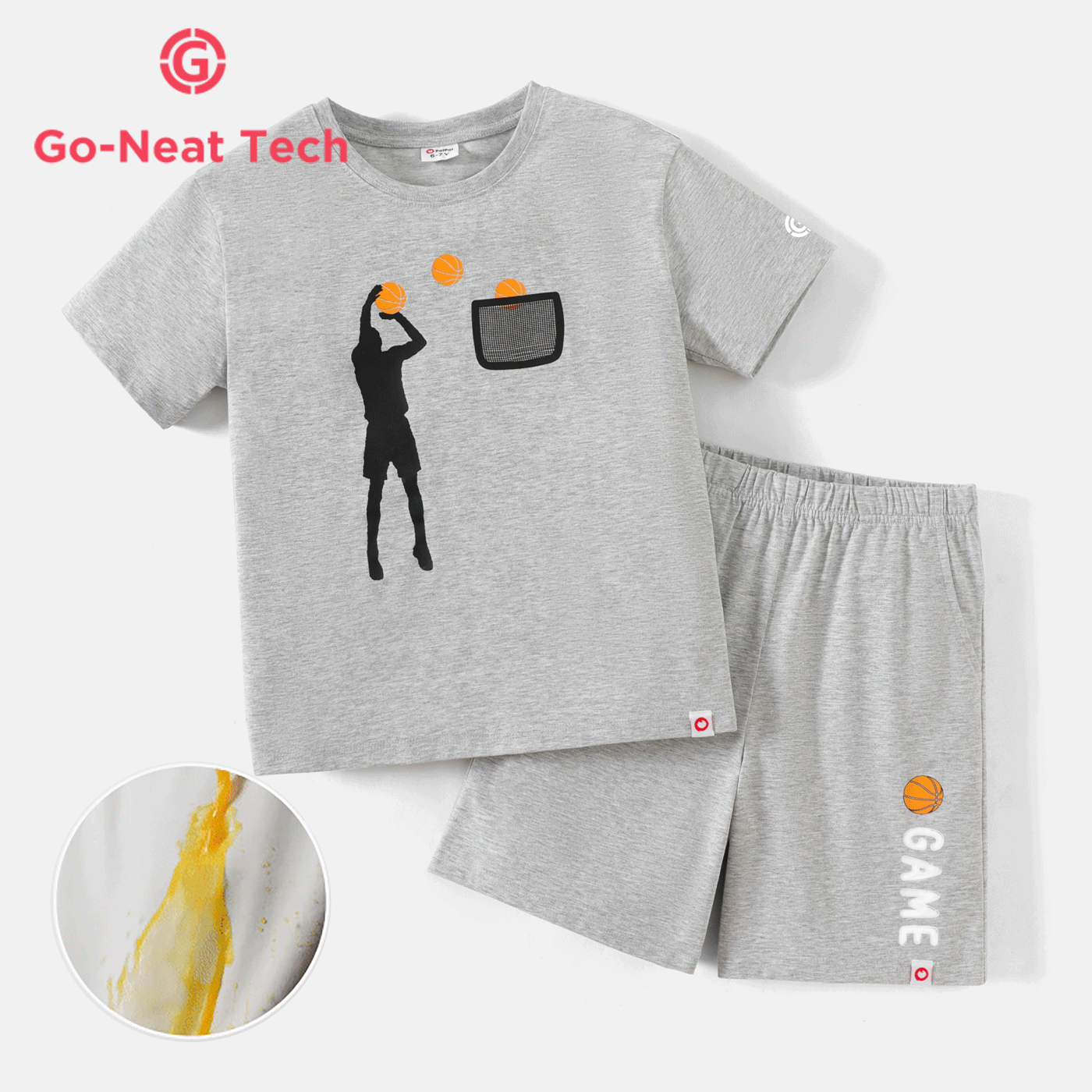 [5Y-14Y] Go-Neat Water Repellent and Stain Resistant 2pcs Kid Boy Basketball Figure Print Tee and Shorts Set