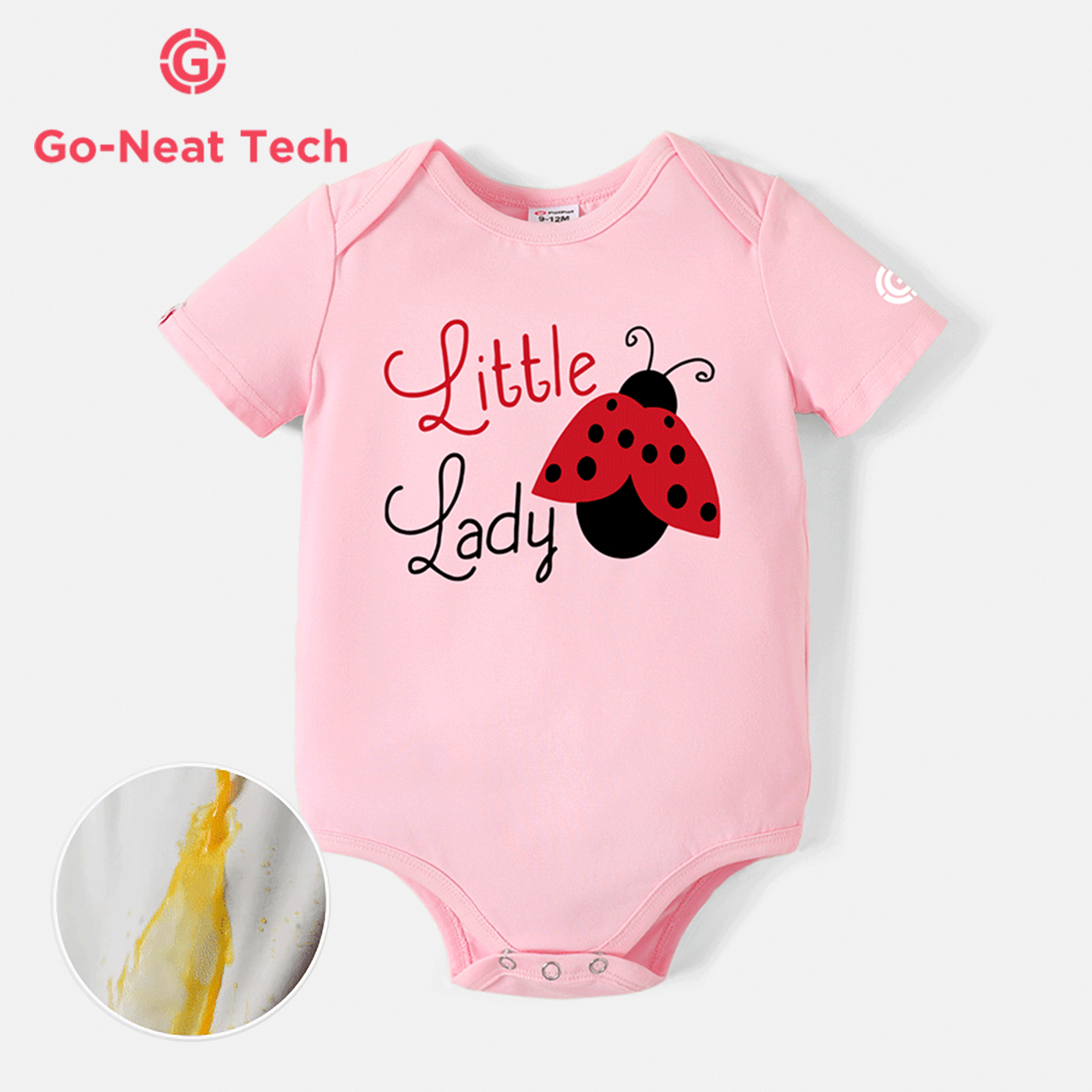 [0M-24M] Go-Neat Water Repellent and Stain Resistant Baby Girl Ladybug & Letter Print Short-sleeve Romper Light Pink