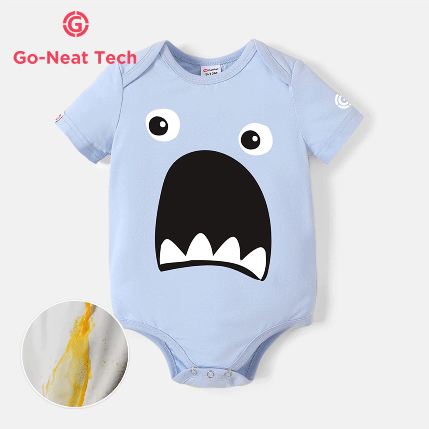 [0M-24M] Go-Neat Water Repellent and Stain Resistant Baby Boy Shark Print Short-sleeve Romper Light Blue