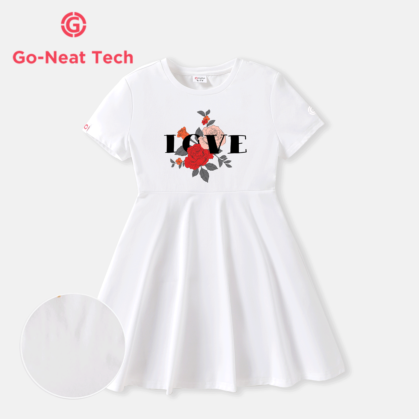 [4–14 Jahre] Go-Neat, wasserabweisendes und schmutzabweisendes, kurzärmliges, weißes Kleid mit Blumenbuchstaben-Print für Kinder und Mädchen