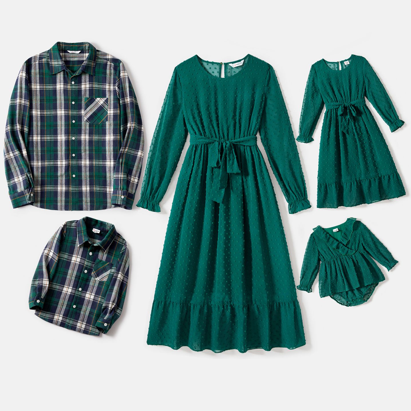 

Family Matching Long-sleeve Dark Green Swiss Dot Belted Ruffle Hem Dresses and Button Up Plaid Shirts Sets