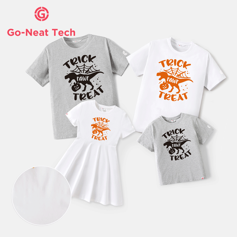 Go-Neat Water Repellent and Stain Resistant Halloween Family Matching Dinosaur & Letter Print Short-sleeve Tee Color block