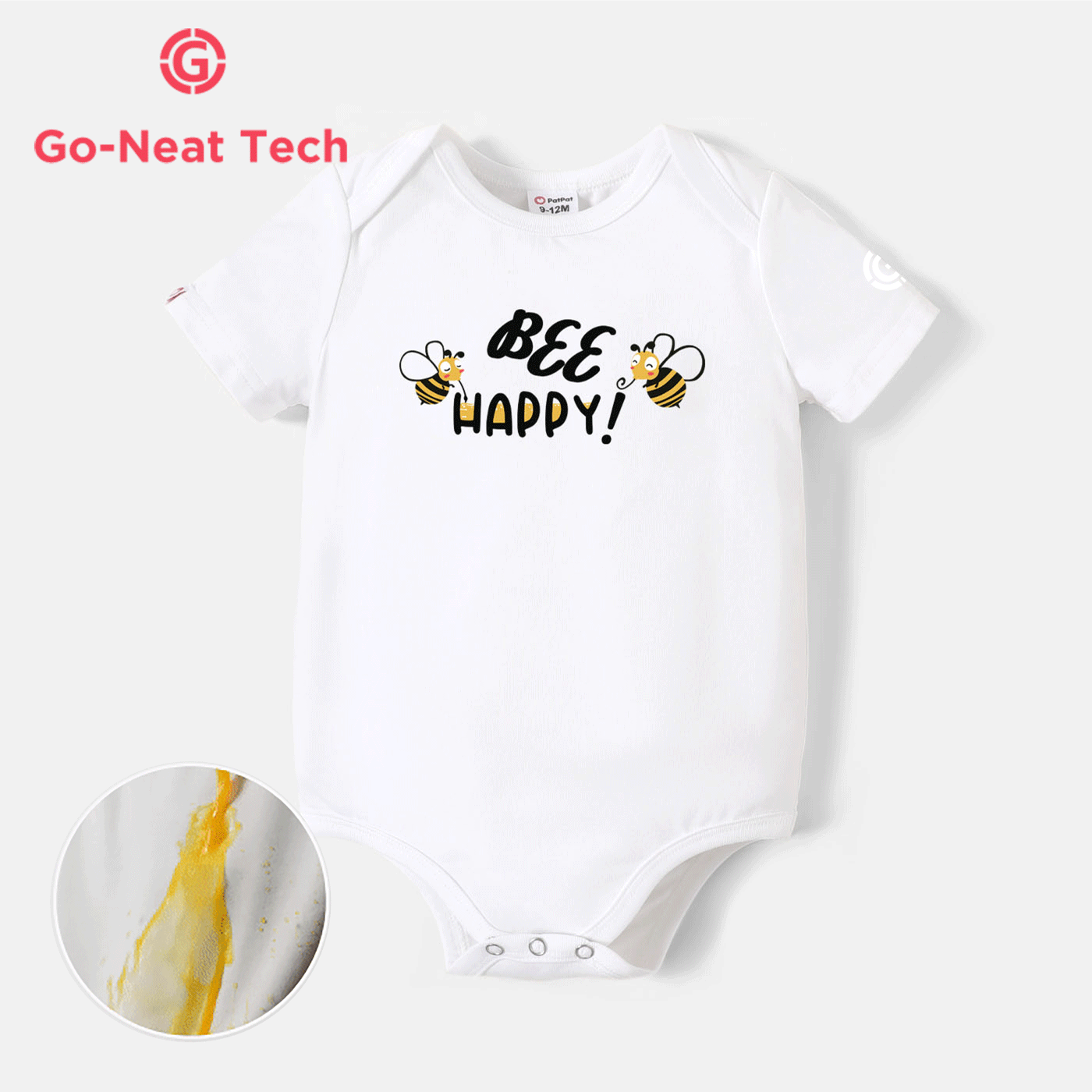 [0M-24M] Go-Neat Water Repellent and Stain Resistant Baby Boy Bee & Letter Print Short-sleeve Romper White