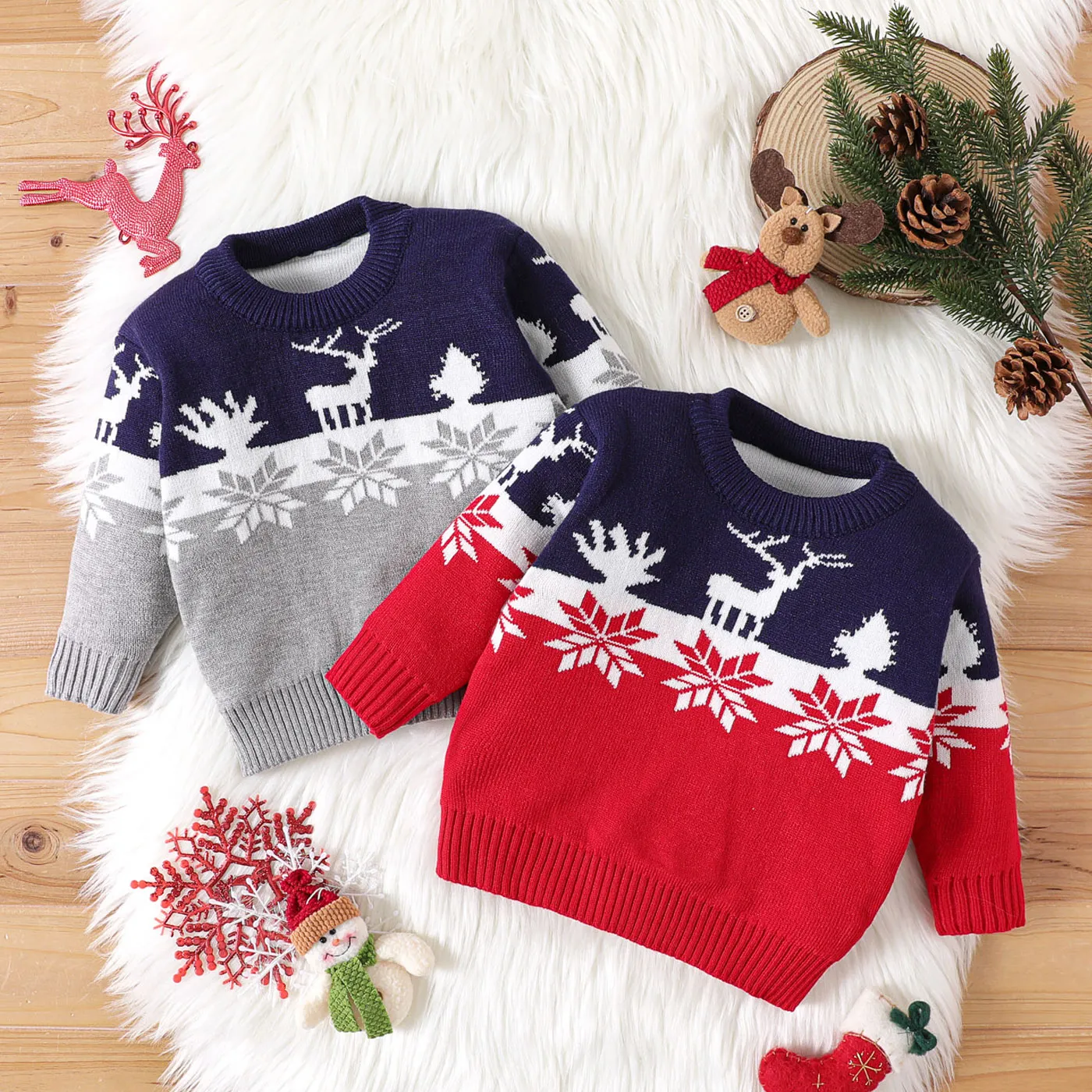 Christmas Baby Boy/Girl Deer & Snowflake Pattern Long-sleeve Colorblock Knitted Sweater