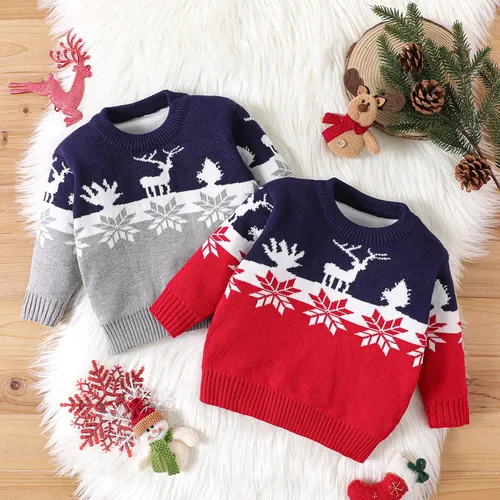 Christmas Baby Boy/Girl Deer & Snowflake Pattern Long-sleeve Colorblock Knitted Sweater