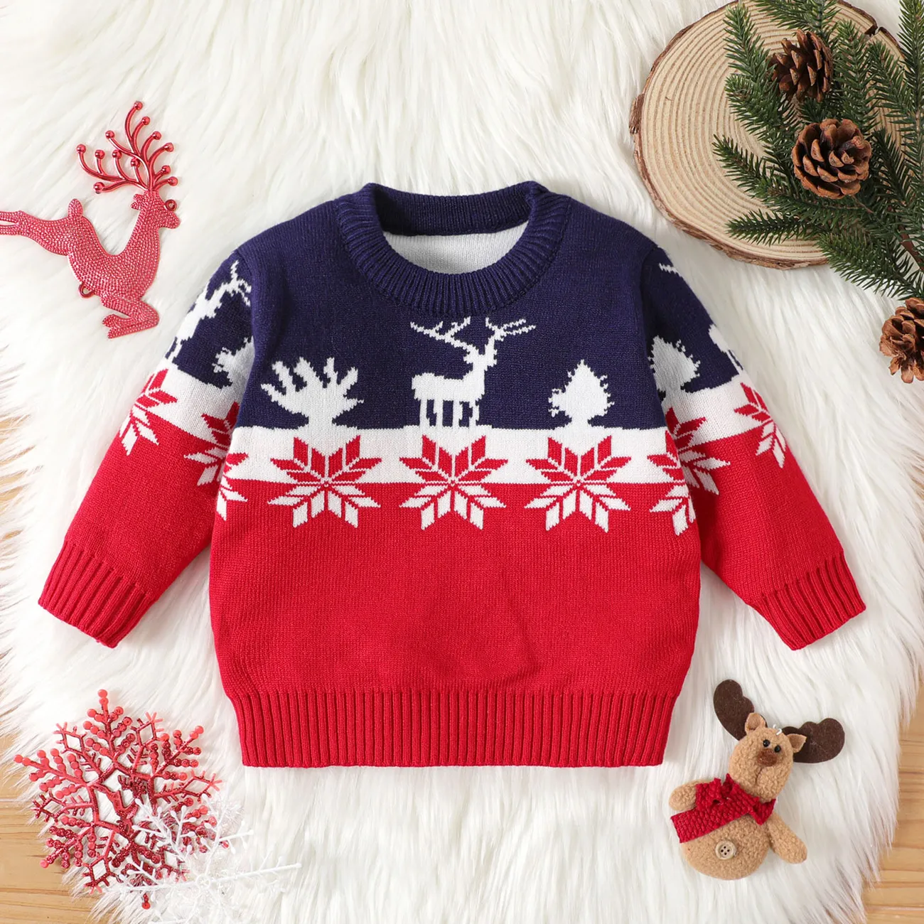 Christmas Baby Boy/Girl Deer & Snowflake Pattern Long-sleeve Colorblock Knitted Sweater Red big image 1