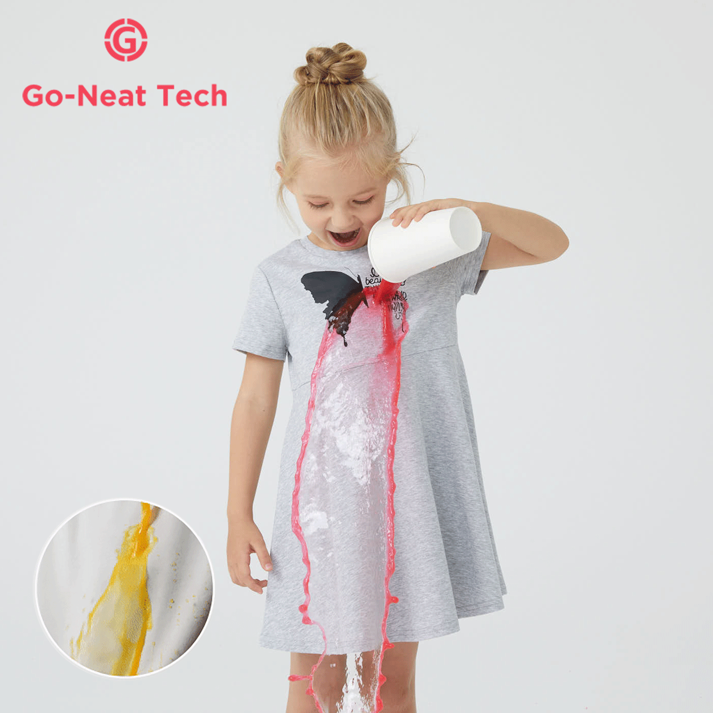 [4Y-14Y] Go-Neat Water Repellent and Stain Resistant Kid Girl Animal Butterfly Print Short-sleeve Grey Dress