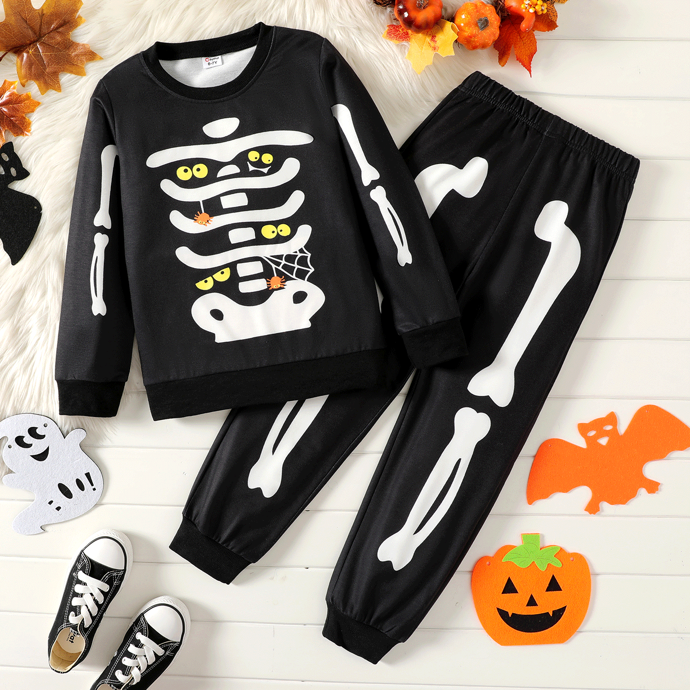 2pcs Kid Boy Halloween Luminous Skeleton Print Black Pullover Sweatshirt and Pants Set