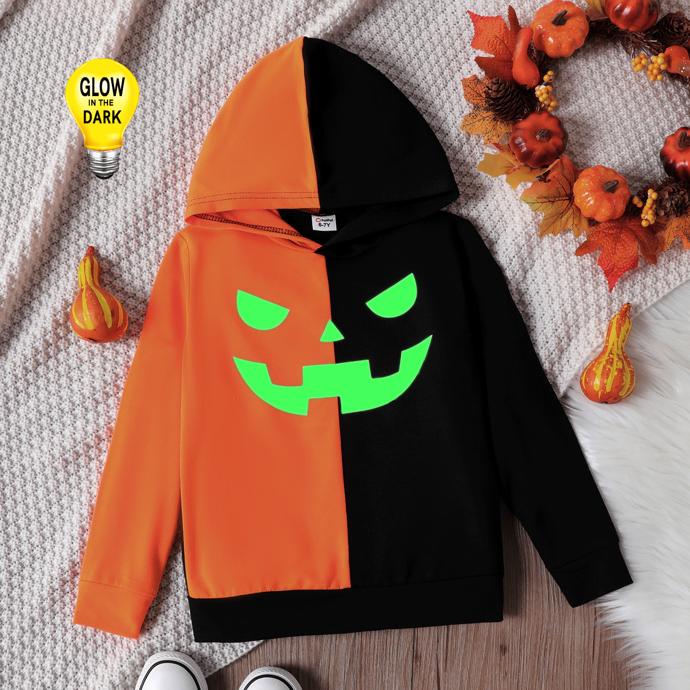 Kid Boy Halloween Graphic Luminous Colorblock Hoodie Sweatshirt