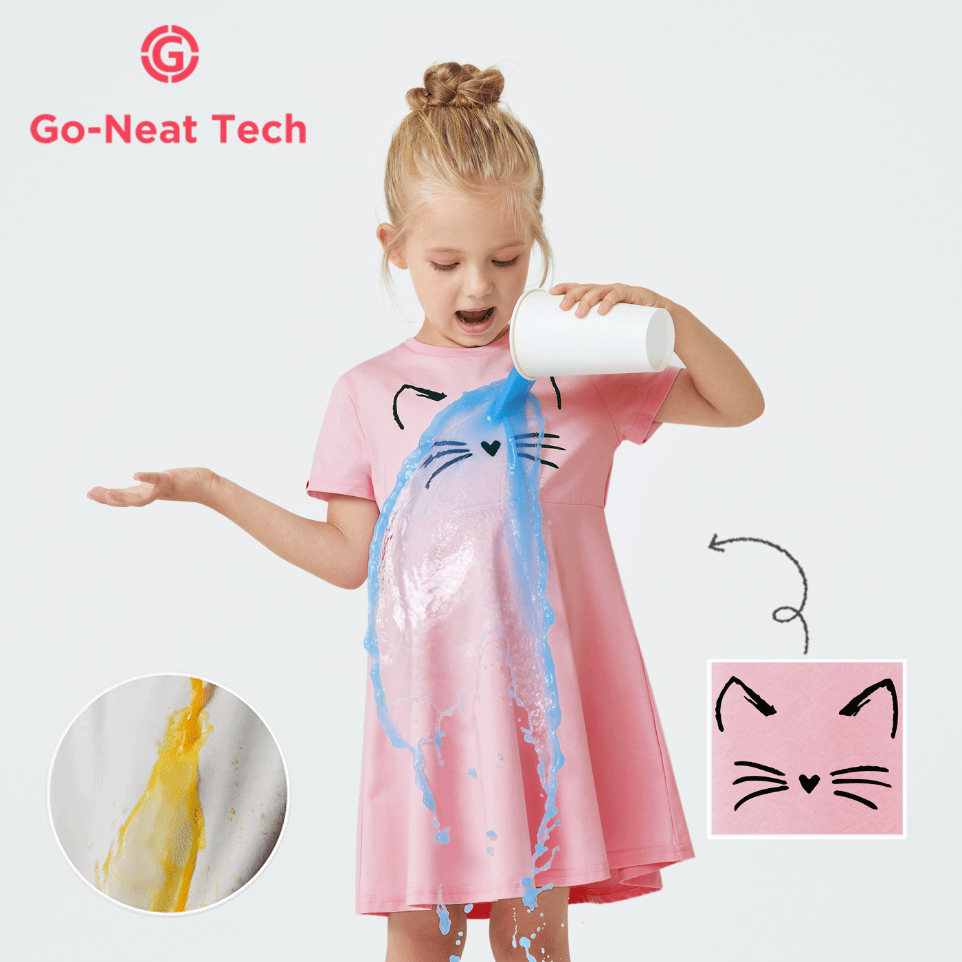 [4–14 Jahre] Go-Neat, wasserabweisendes und schmutzabweisendes Kurzarmkleid für Kinder und Mädchen mit Tierkatzen-Print