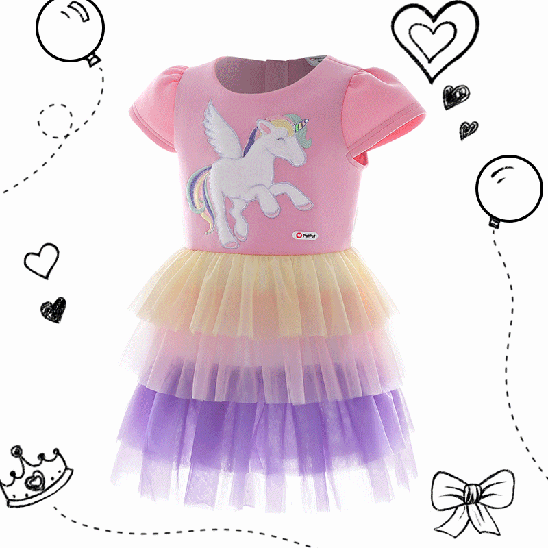 

Illuminated Unicorn Embroidered Layered Mesh Splice Cap-sleeve Dress for Toddler Girl