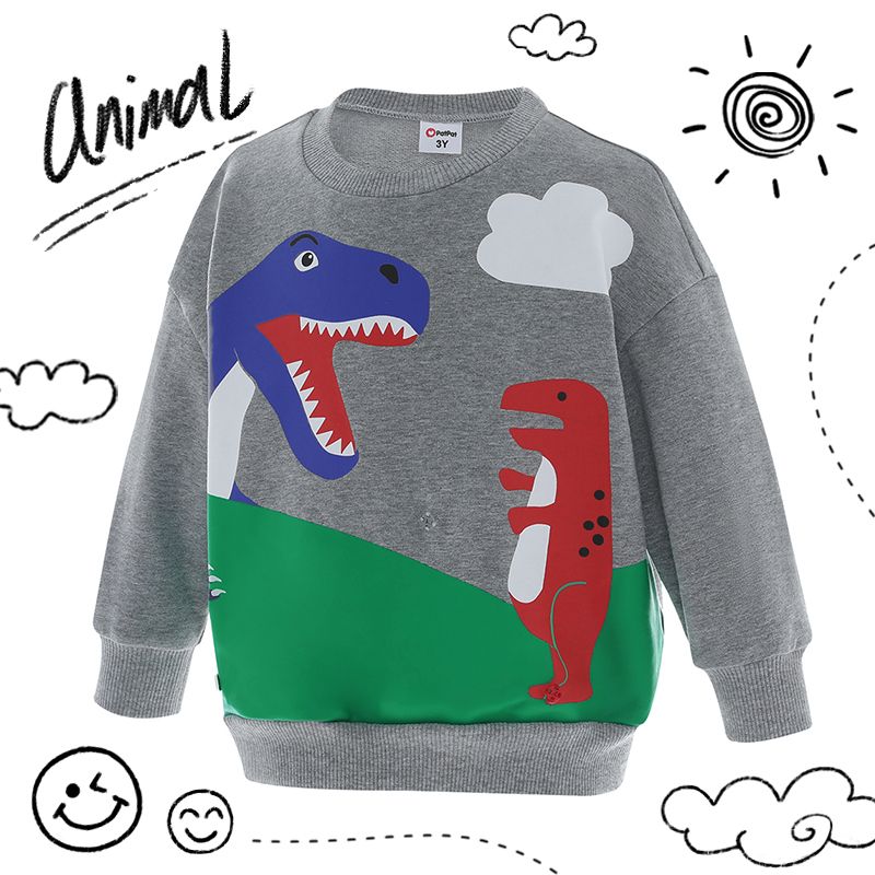 

Illuminated Removable Eggshell Design Dinosaur Print Grey Cotton Pullover Sweatshirts for Toddler Boy