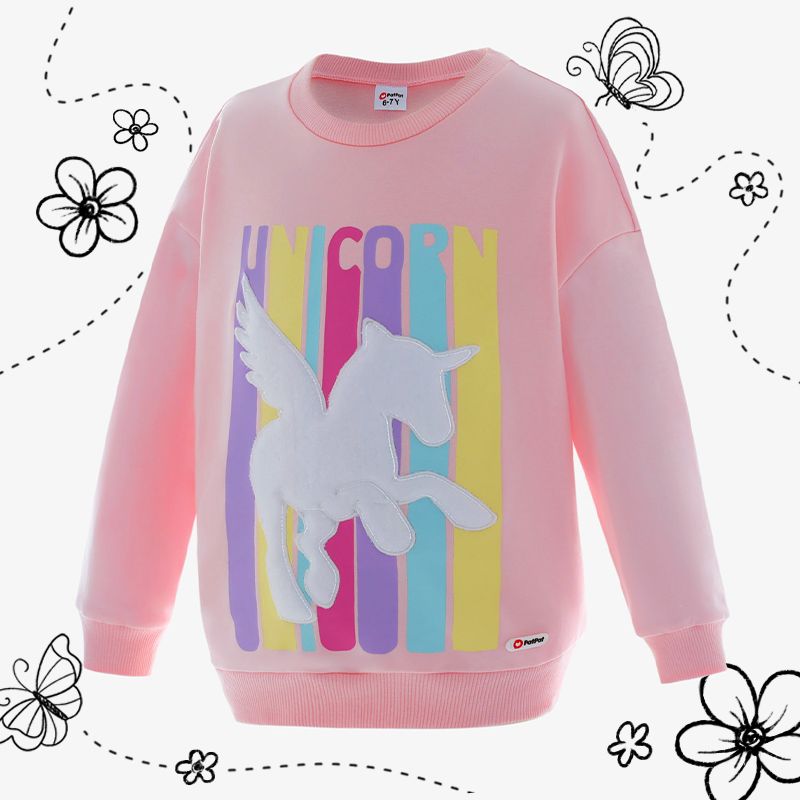 Illuminated Unicorn Embroidered Letter Print Pink Cotton Pullover Sweatshirts for Kid Girl