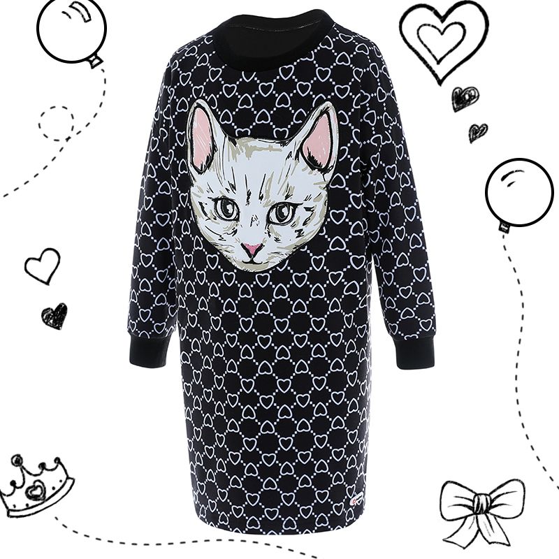 

Illuminated Cat Kitty Heart Print Long-sleeve Black Dress for Kid Girl