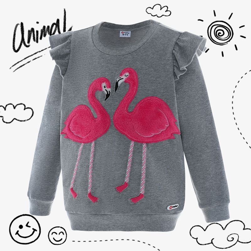 

Illuminated Flamingo Embroidered Ruffled Cotton Pullover Sweatshirts for Kid Girl