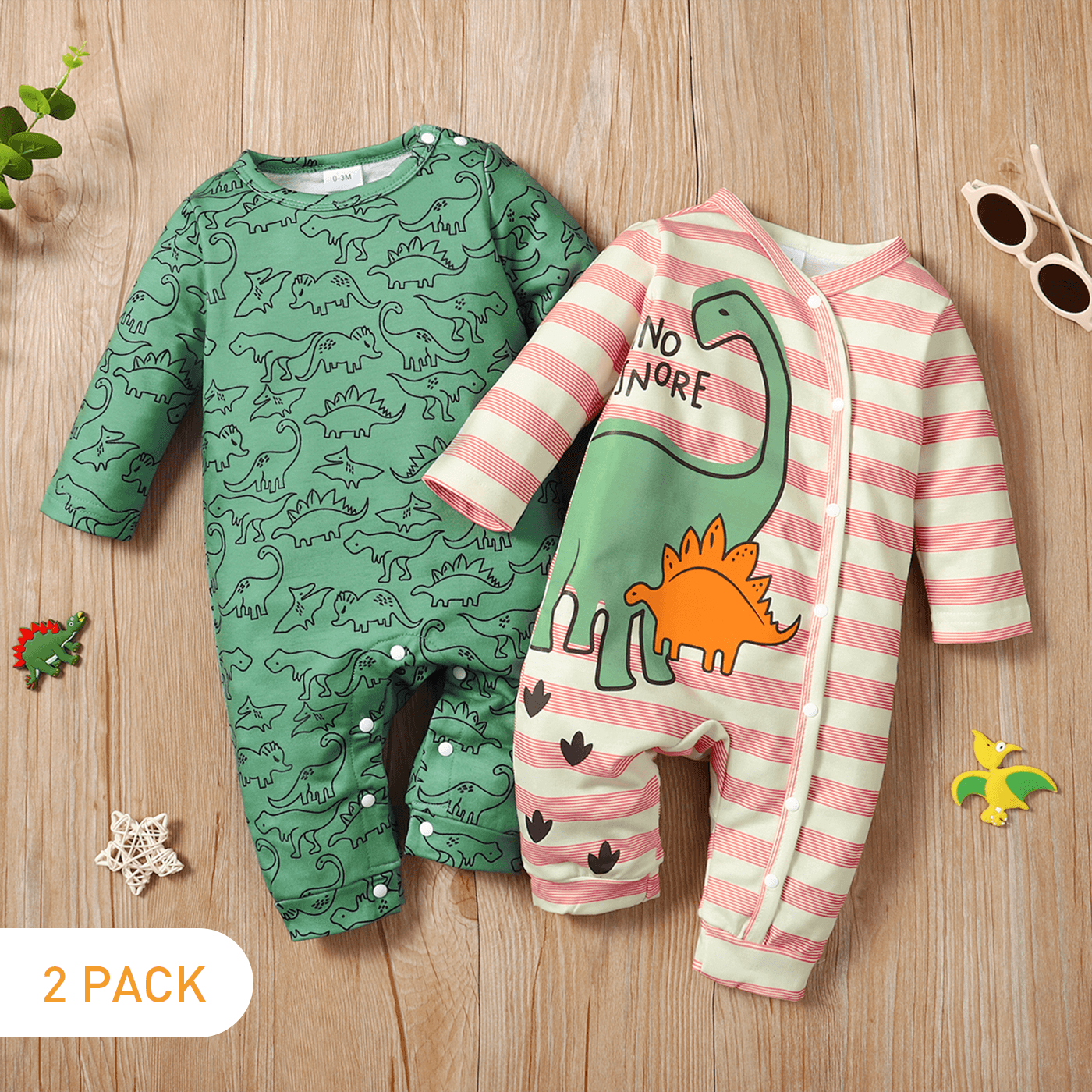 

2-Pack Baby Boy/Girl Dinosaur Print Long-sleeve Jumpsuits Set