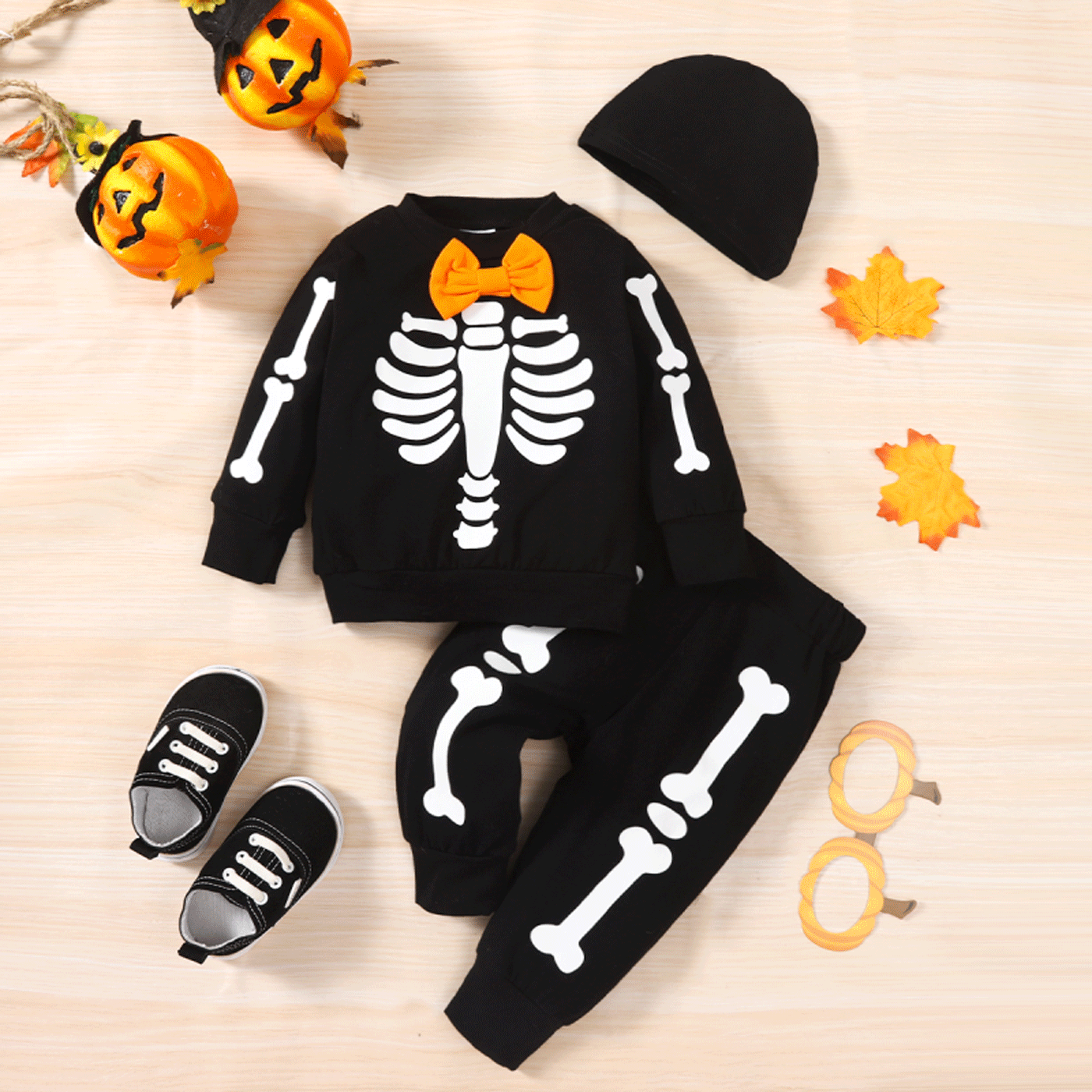 Halloween 3pcs Baby Boy 95% Cotton Long-sleeve Glow In the Dark Skeleton Print Sweatshirt and Sweatpants with Hat Set Black image 4