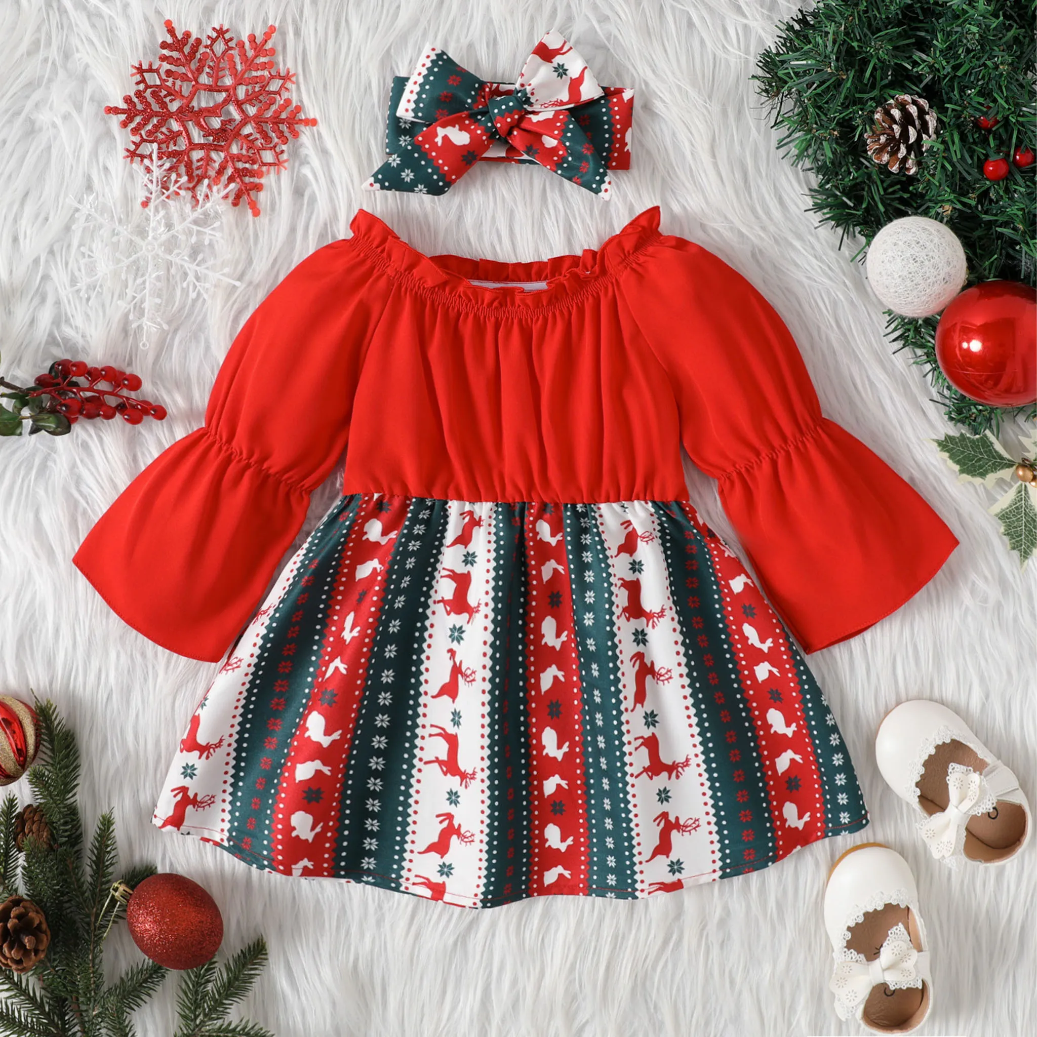 Christmas 2pcs Baby Girl Frill Off Shoulder Bell-sleeve Solid Spliced Print Dress with Headband Set  image 2