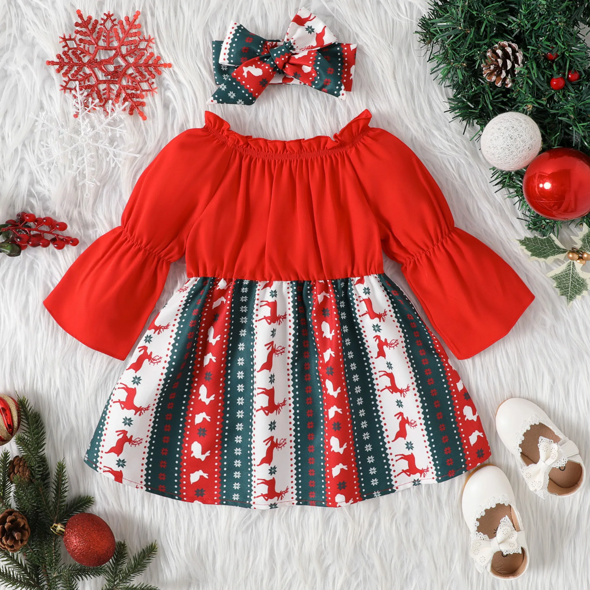 Christmas 2pcs Baby Girl Frill Off Shoulder Bell-sleeve Solid Spliced Print Dress With Headband Set