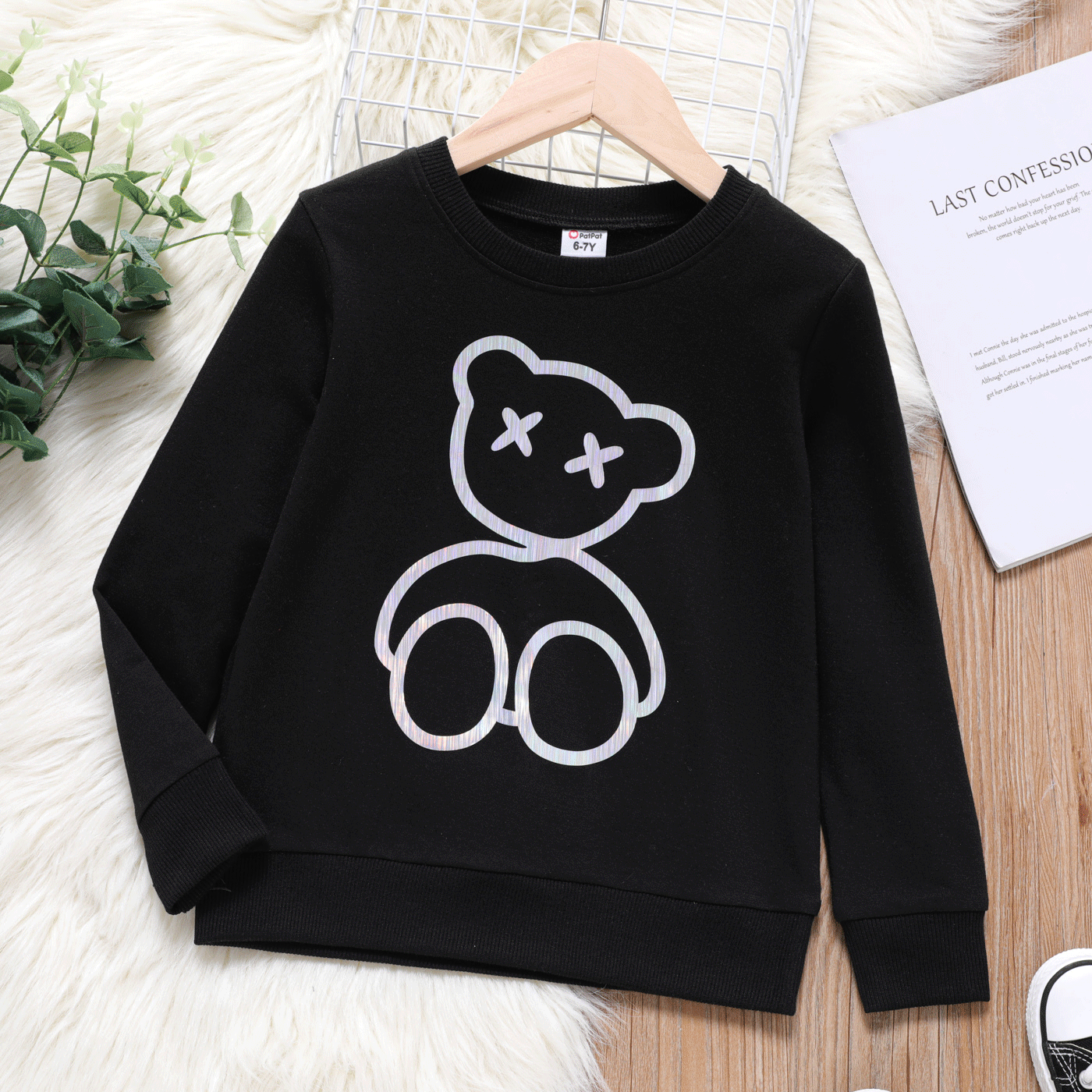 Kid Boy Laser Reflective Bear Print Black Pullover Sweatshirt