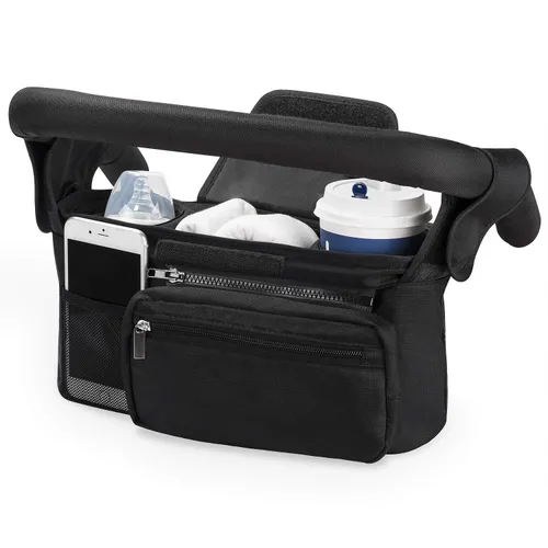 Universal Baby Stroller Organizer with 2 Insulated Cup Holders Detachable Pocket Mesh Pocket Adjustable Shoulder Strap