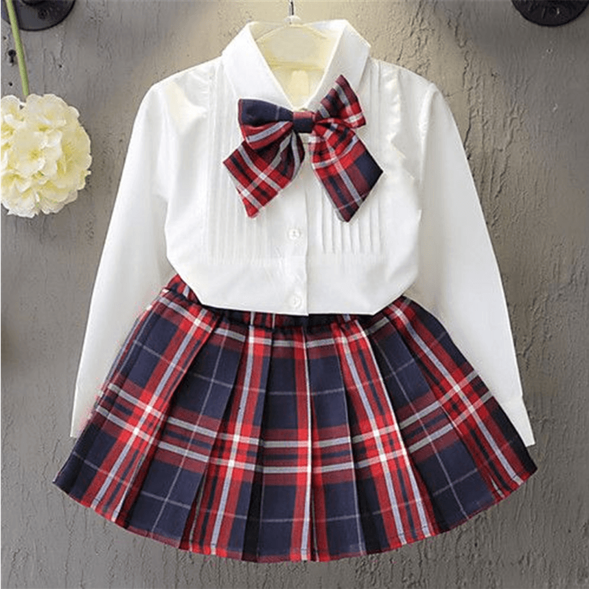 

2pcs Toddler Girl Preppy style Bowknot Design White Shirt and Plaid Pleated Skirt Set