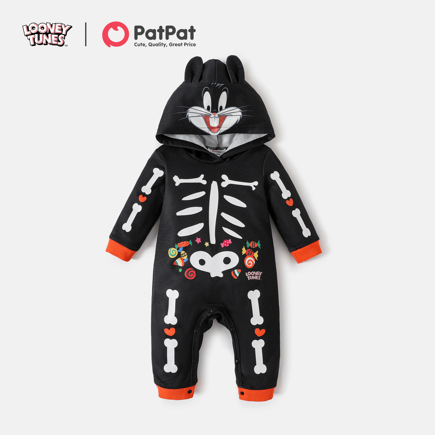 Looney Tunes Baby Boy Halloween Skeleton Print Animal Ears Hooded Long-sleeve Jumpsuit