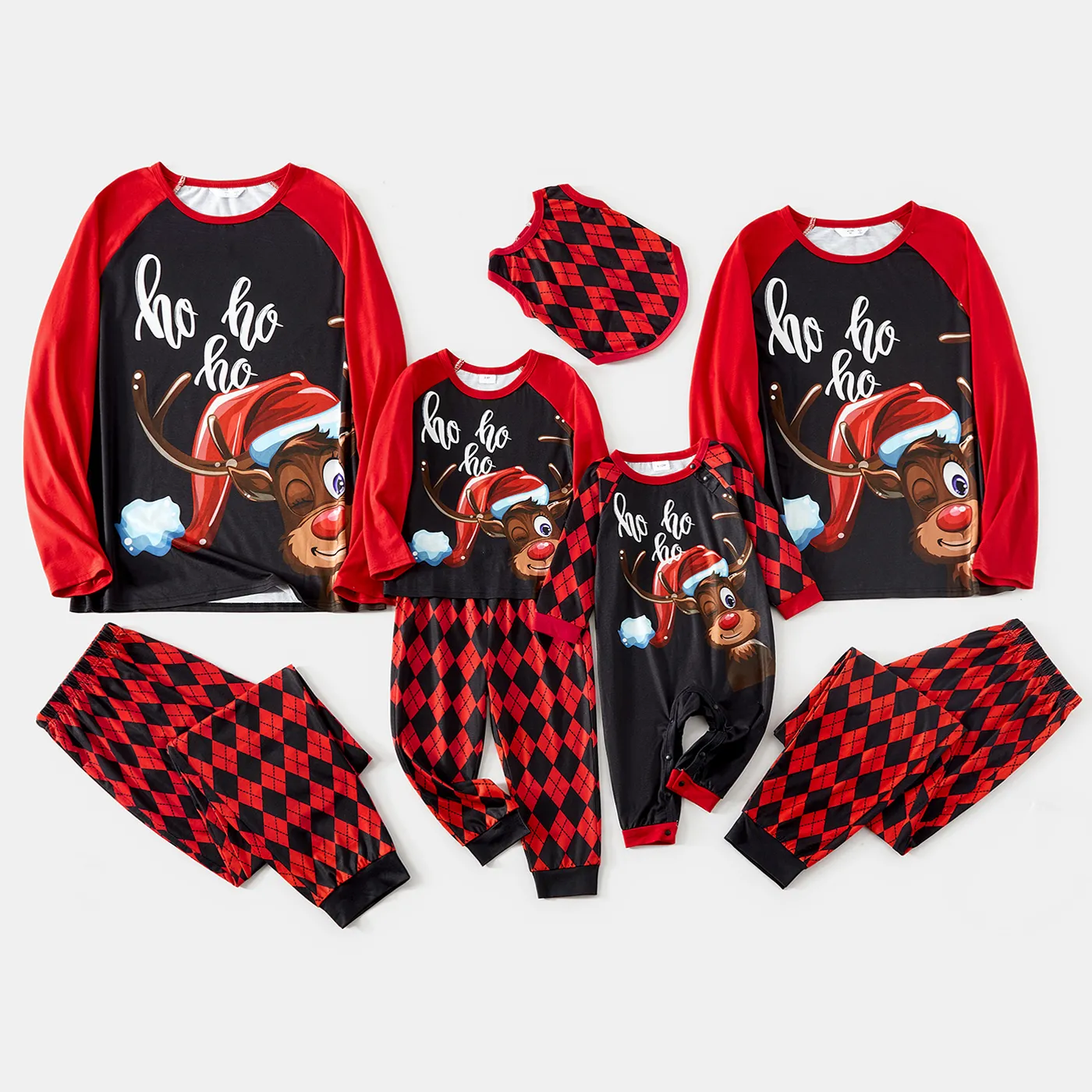 

Christmas Family Matching Reindeer & Letter Print Red Raglan-sleeve Argyle Pattern Pajamas Sets (Flame Resistant)