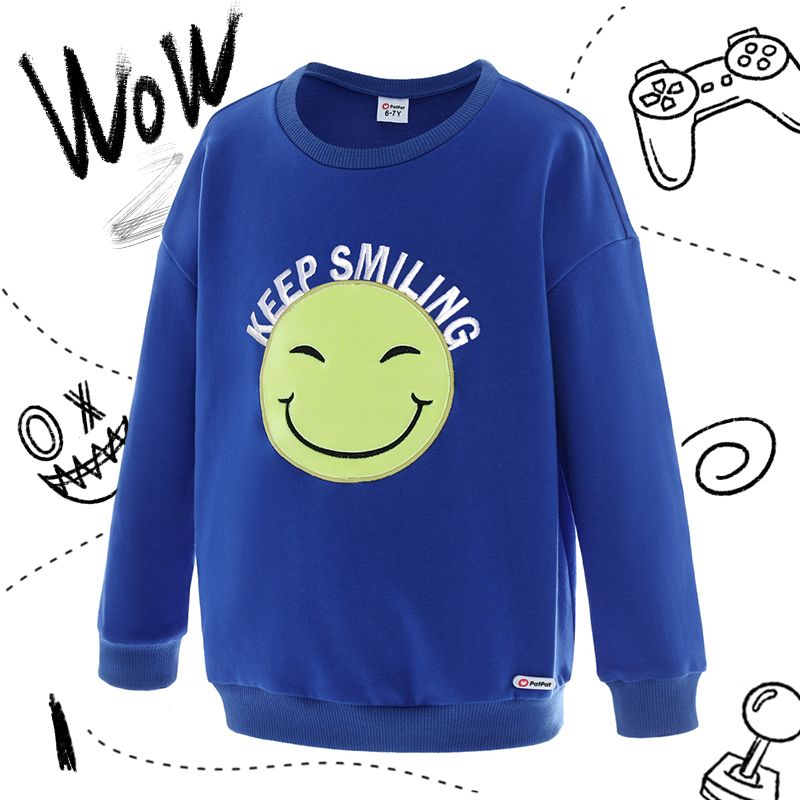 

Illuminated Smile Face Embroidered Blue Cotton Pullover Sweatshirts for Kid Boy