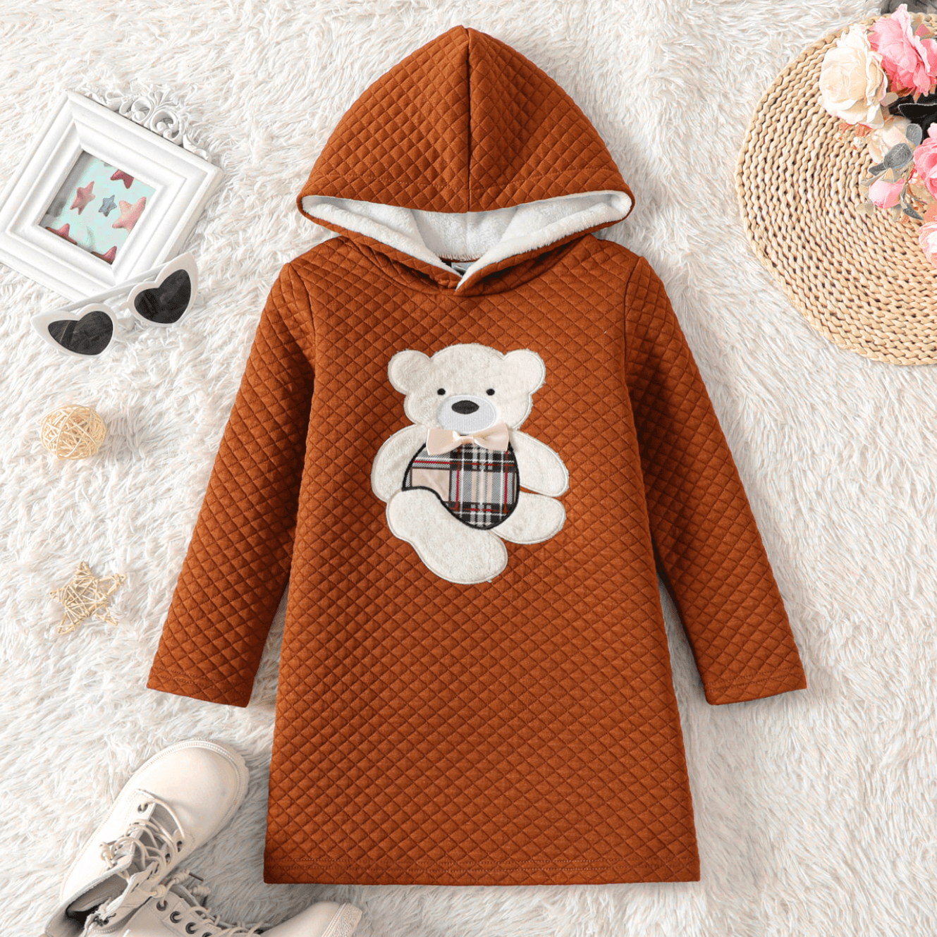 Kid Girl Bear Embroidered Textured Hooded Sweatshirt Dress