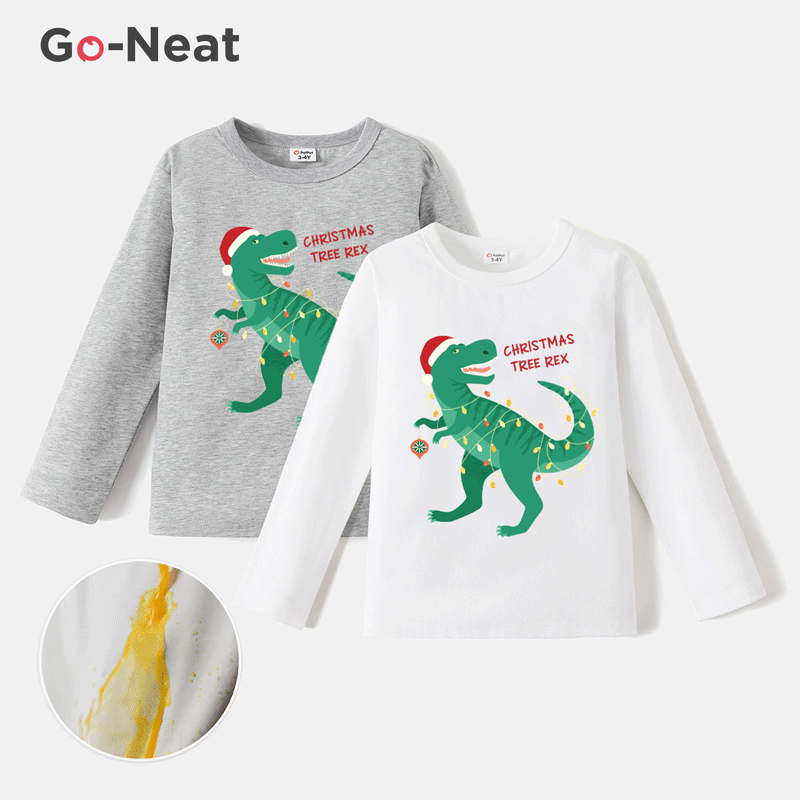 [2Y-6Y] Go-Neat Water Repellent and Stain Resistant Toddler Boy Christmas Dinosaur Print Short-sleeve Tee
