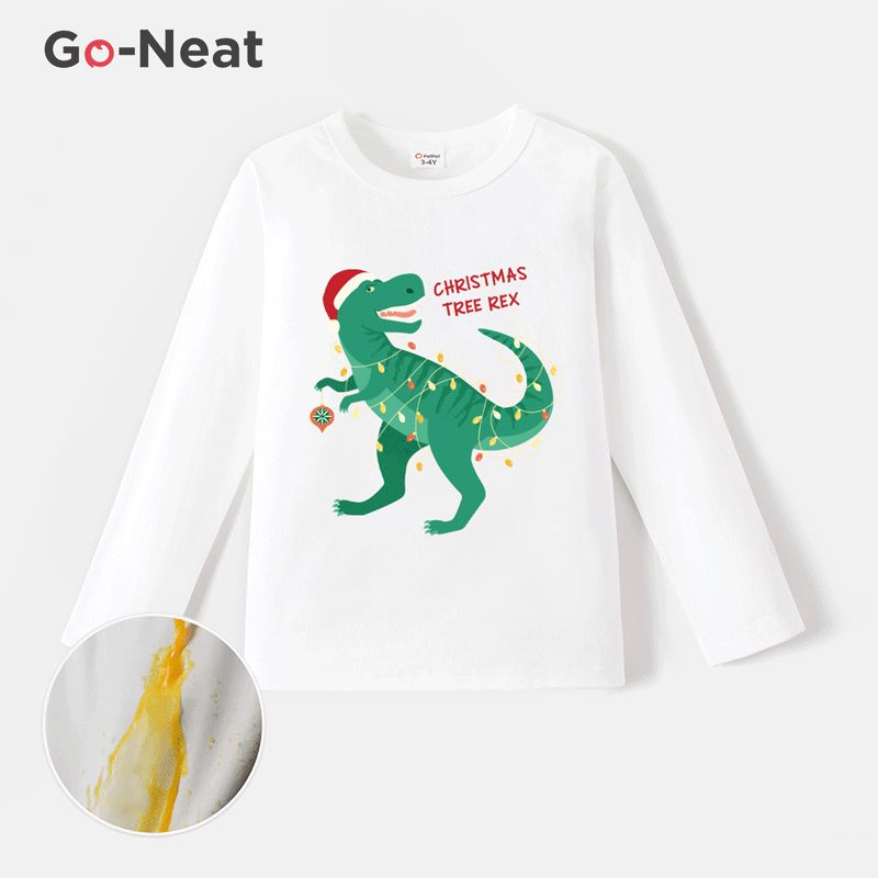 [2Y-6Y] Go-Neat Water Repellent and Stain Resistant Toddler Boy Christmas Dinosaur Print Short-sleeve Tee White