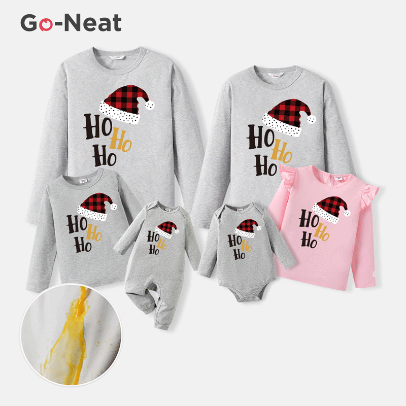 Go-Neat Water Repellent and Stain Resistant Christmas Family Matching Plaid Hat & Letter Print Long-sleeve Tee Grey image 1