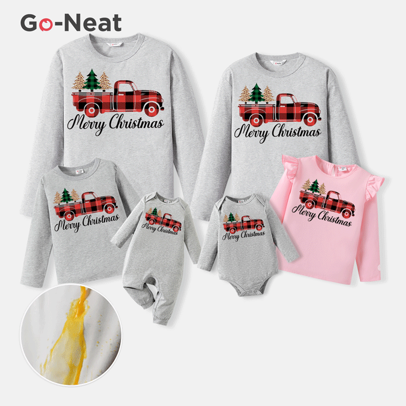 Go-Neat Water Repellent and Stain Resistant Christmas Family Matching Plaid Truck & Letter Print Long-sleeve Tee Grey
