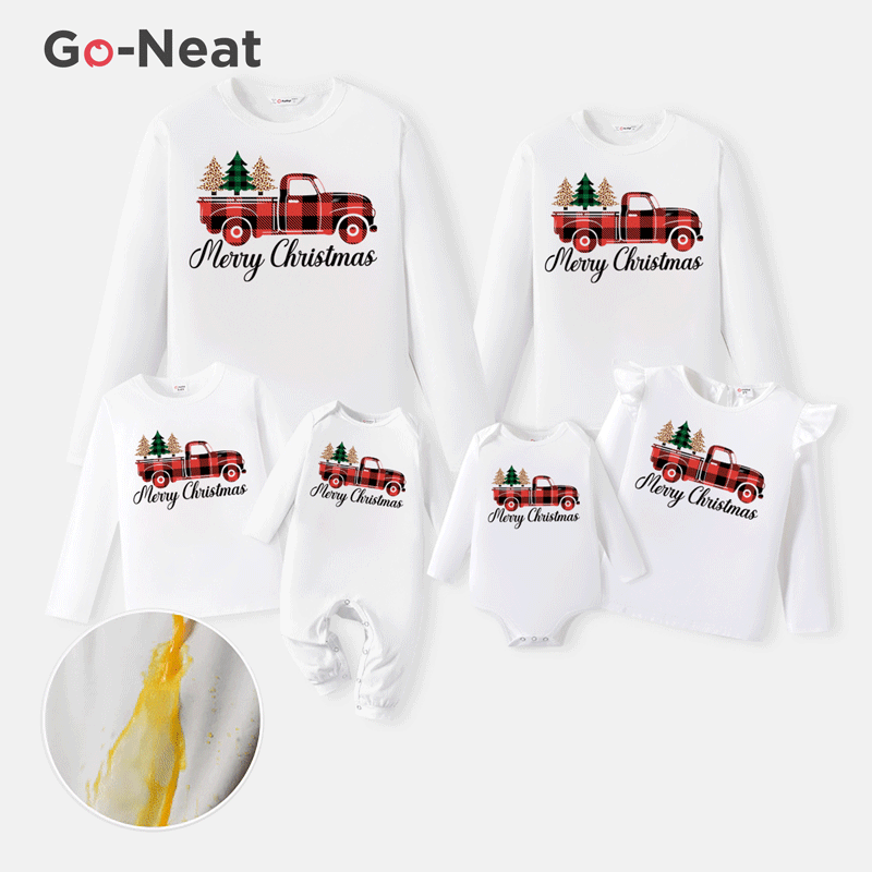 Go-Neat Water Repellent and Stain Resistant Christmas Family Matching Plaid Truck & Letter Print Long-sleeve Tee