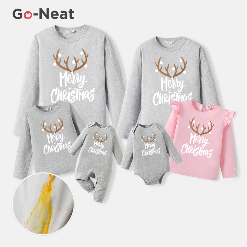 Go-Neat Water Repellent and Stain Resistant Christmas Family Matching Antlers & Letter Print Long-sleeve Tee Grey big image 1