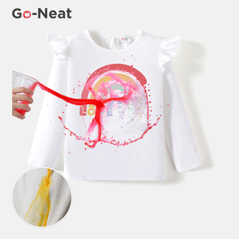 [2Y-6Y] Go-Neat Water Repellent and Stain Resistant Toddler Girl Letter Rainbow Print Ruffled Long-sleeve Tee
