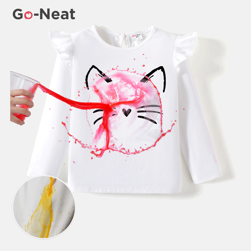 [2Y-6Y] Go-Neat Water Repellent and Stain Resistant Toddler Girl Cat Kitty Print Ruffled Long-sleeve Tee White