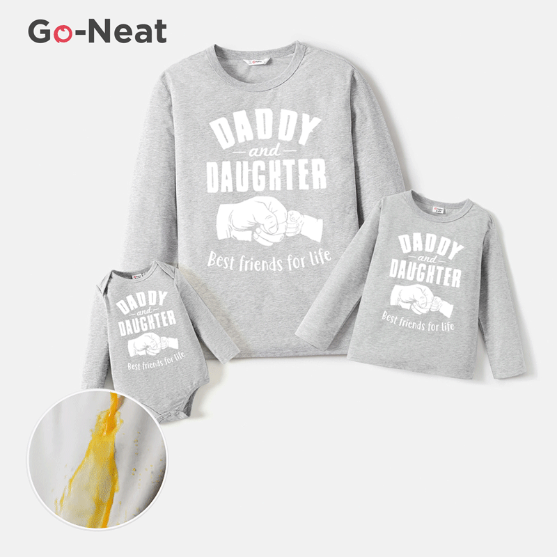 Go-Neat Water Repellent and Stain Resistant Daddy and Me Fist & Letter Print Grey Long-sleeve Tee