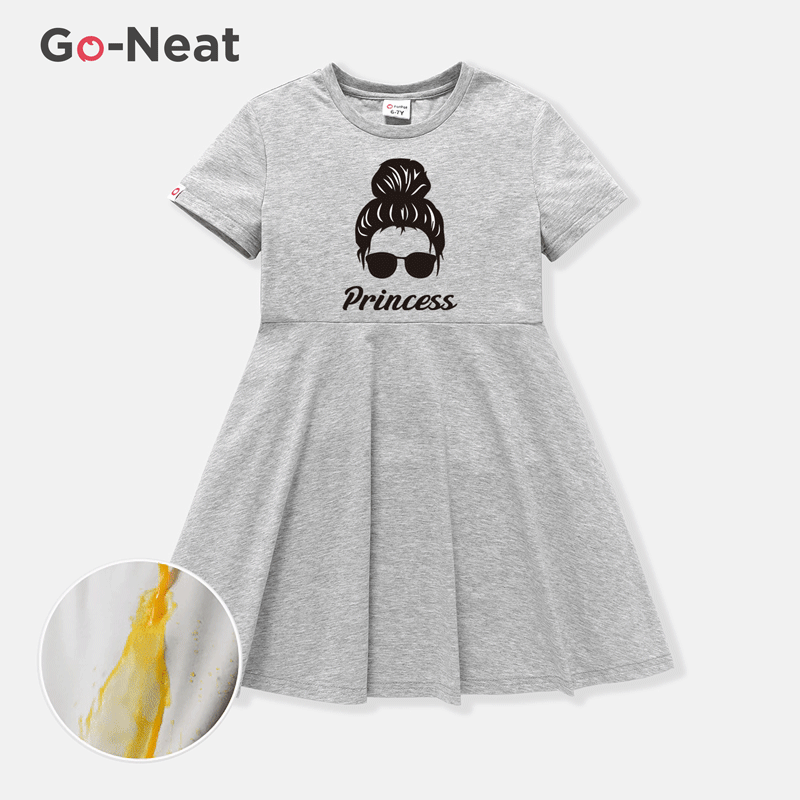 [4Y-14Y] Go-Neat Water Repellent and Stain Resistant Kid Girl Letter Figure Print Short-sleeve Dress Grey big image 1