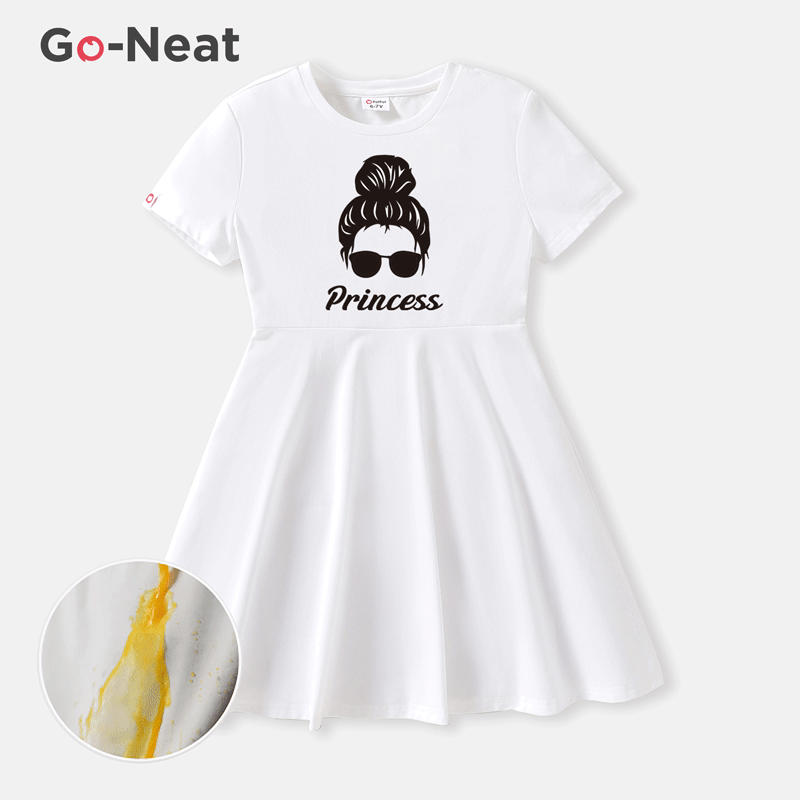 [4Y-14Y] Go-Neat Water Repellent and Stain Resistant Kid Girl Letter Figure Print Short-sleeve Dress White